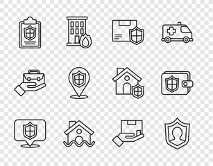 Set line Location shield, Life insurance with, Delivery security, House flood, Document, and Wallet icon. Vector