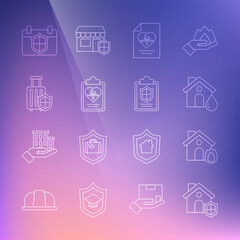 Set line House with shield, Fire in burning house, flood, Health insurance, Travel suitcase, Calendar and Document icon. Vector