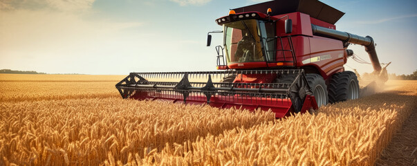 Harvester combine working on a field in afternoon, front wide angle view, golden wheat field foreground - agriculture concept. Generative AI