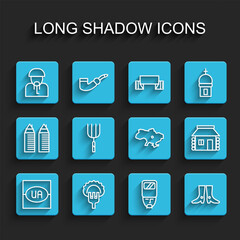 Set line Flag of Ukraine, Dumplings on fork, Ukrainian cossack, footwear, Garden pitchfork, house and Map icon. Vector