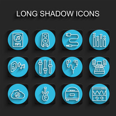 Set line Music streaming service, Electric bass guitar, MP3 file document, Stereo speaker, Oscilloscope, equalizer, recording studio and Air headphones icon. Vector