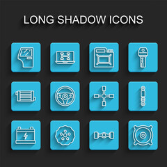 Set line Car battery, Gear, door, Chassis car, audio speaker, Steering wheel, Shock absorber and Wheel wrench icon. Vector