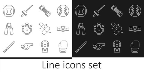Set line Boxing glove, belt, Chest expander, Stopwatch, Sport, helmet, Vitamin pill and Fencing icon. Vector