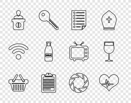 Set line Shopping basket, Heart rate, Document, Clipboard with document, Information desk, Glass bottle milk and cap, Camera shutter and Wine glass icon. Vector