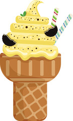 Vector illustration delicious colorful ice cream waffle cone. Icecream chocolate chip raspberry scoops waffle cone. on white background. Idea for poster, product, t-shirt. Vector icon ice cream cone.