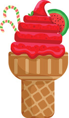 Vector illustration delicious colorful ice cream waffle cone. Icecream watermelon scoops waffle cone. on white background. Idea for poster, product, t-shirt. Vector icon ice cream cone.