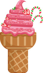 Vector illustration delicious colorful ice cream waffle cone. Icecream strawberry scoops waffle cone. on white background. Idea for poster, product, t-shirt. Vector icon ice cream cone.