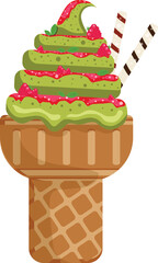 Vector illustration delicious colorful ice cream waffle cone. Icecream green tea raspberry scoops waffle cone. on white background. Idea for poster, product, t-shirt. Vector icon ice cream cone.
