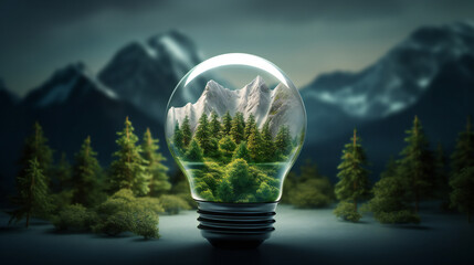 Eco light bulb with trees inside at dark natural background, Environmental protection, renewable, sustainable energy sources. Plant growing in the bulb with there. Generative AI