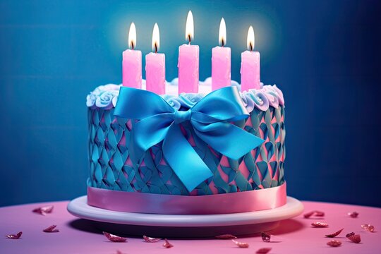 Pink birthday candles and a pink ribbon are added to a blue birthday cake with buttercream piping. made using generative AI tools