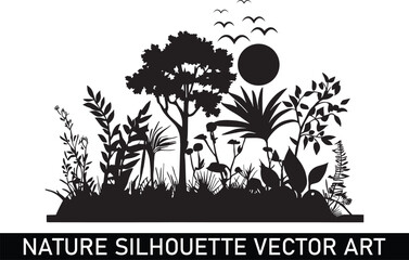 Fototapeta na wymiar Forest silhouette illustration, Nature silhouette clipart, Nature scenery silhouette, Outdoor nature silhouette.