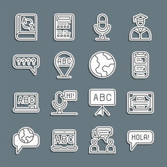 Set line Hola in different languages, Certificate template, Online translator, Microphone voice device, Alphabet, Speech bubbles with Question, Translator book and Earth globe icon. Vector © vector_v