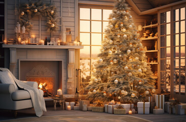 Fototapeta na wymiar interior with christmas tree with lights. generative AI