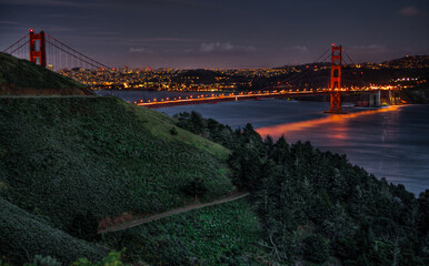 Golden gate in the blue hour, seen from hawk hill