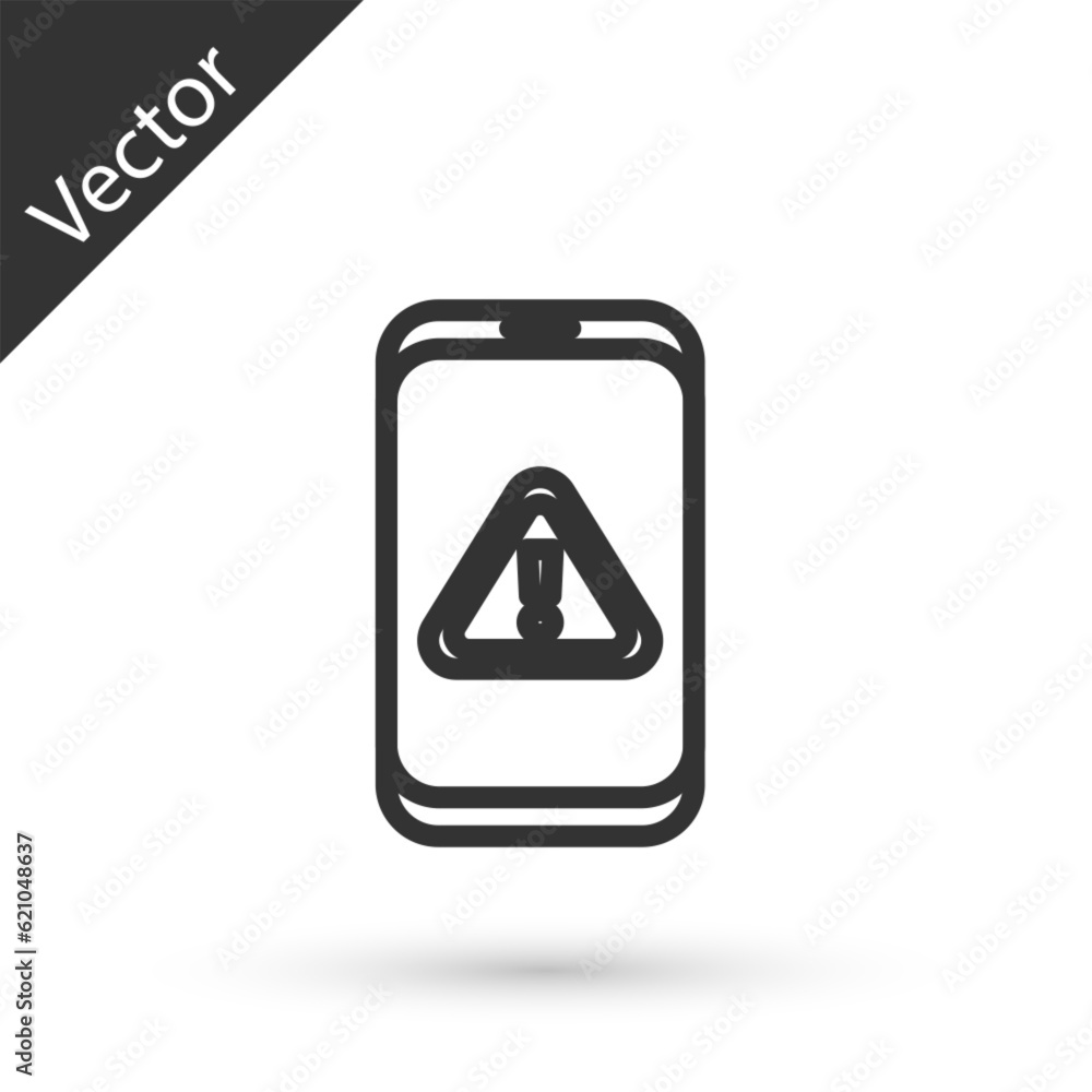 Poster grey line mobile phone with exclamation mark icon isolated on white background. alert message smartp