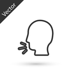 Grey line Man coughing icon isolated on white background. Viral infection, influenza, flu, cold symptom. Tuberculosis, mumps, whooping cough. Vector..