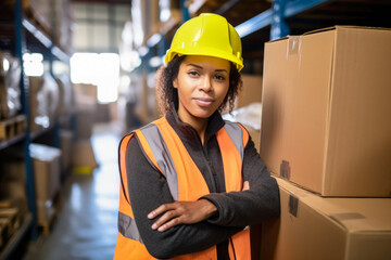 Female worker in a warehouse, African woman in high visibility vest and hard hat helmet, blurred shelves stacks background. Generative AI