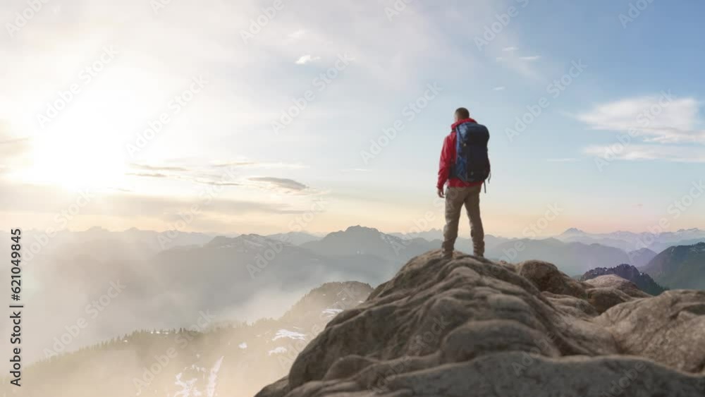 Wall mural adventurous man standing on top of mountain cliff. extreme adventure composite. 3d rendering peak. b