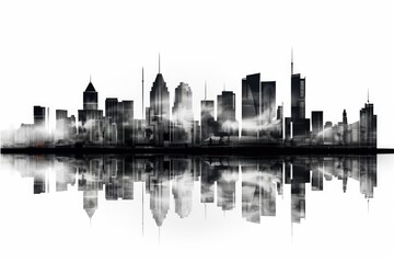 Fototapeta premium on a white backdrop, a cityscape A contemporary skyscraper in the city skyline in perspective flat picture of a city silhouette business sector