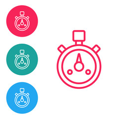 Red line Stopwatch icon isolated on white background. Time timer sign. Chronometer sign. Set icons in circle buttons. Vector