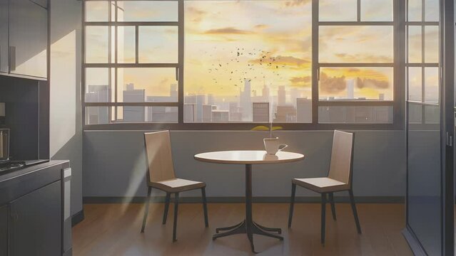 living room in evening with a window and a cup of coffee on the table. Cartoon or anime watercolor painting illustration style. seamless looping virtual video animation background.  