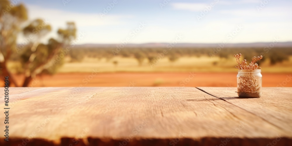 Poster the empty wooden table top with blur background of australian outback. generative ai image aig30.