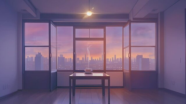 living room with a window and a cup of coffee on the table. Cartoon or anime watercolor painting illustration style. seamless looping virtual video animation background.  