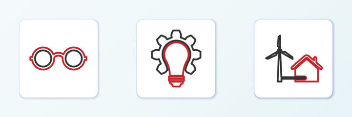 Set line House with wind turbine, Glasses and Light bulb and gear icon. Vector