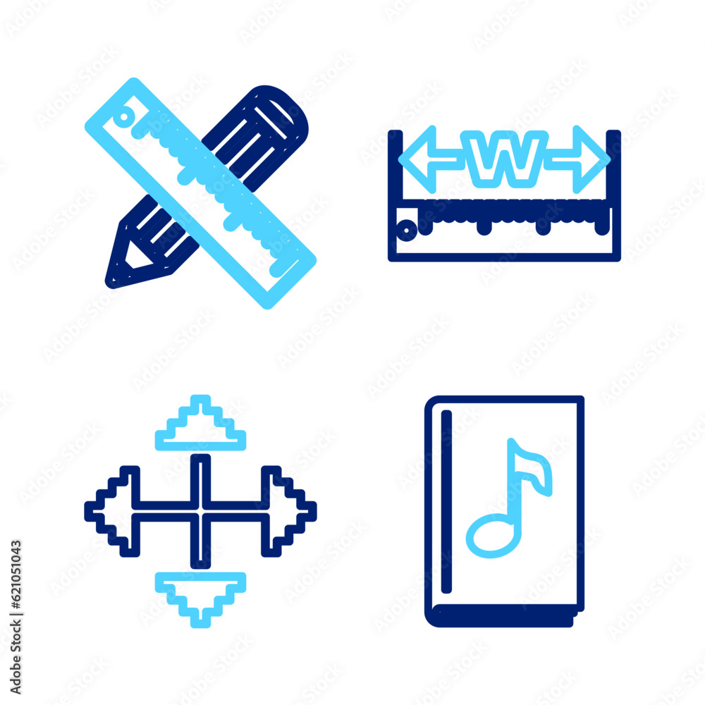 Poster set line audio book, pixel arrows in four directions, measuring height and length and crossed ruler 