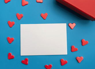 empty gift card for congratulation with gift box and red hearts stickers, a template for designer, using Generative Ai technologie