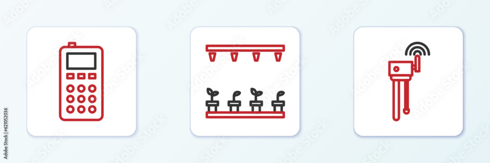 Poster set line router and wi-fi signal, remote control and automatic irrigation sprinklers icon. vector