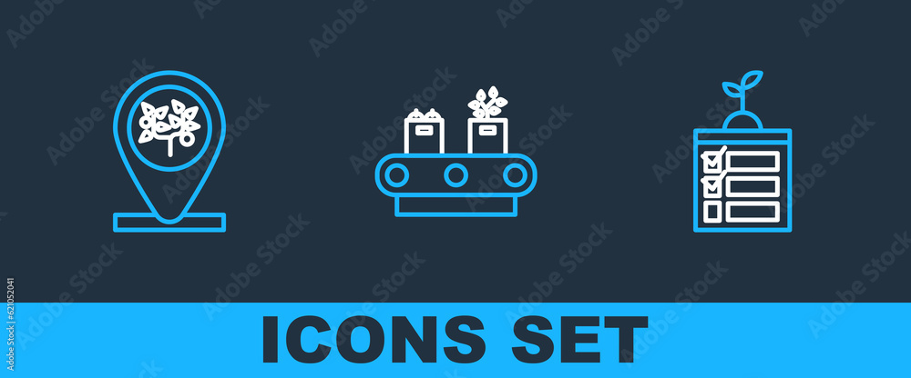 Poster set line smart farming technology, location and tree and conveyor belt with box icon. vector