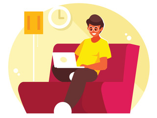 Man with laptop sitting on the sofa in living room. Freelance or studying concept. Man working remotely. Vector graphics