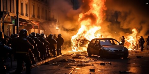 Car and streets on fire at night during the protests in France.  - obrazy, fototapety, plakaty