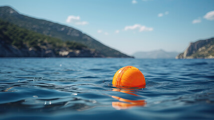 An orange buoy in the water near the greek coastline