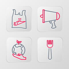 Set line Disposable plastic fork, Hand holding Earth globe, Spread the word, megaphone and Dead bird, icon. Vector