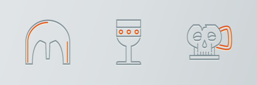 Set line Cup from the skull, Medieval iron helmet and goblet icon. Vector