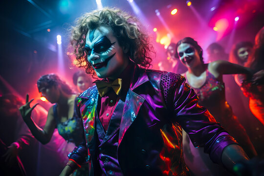 Young Man Dressed As A Clown Dancing In A Nightclub. Halloween Party