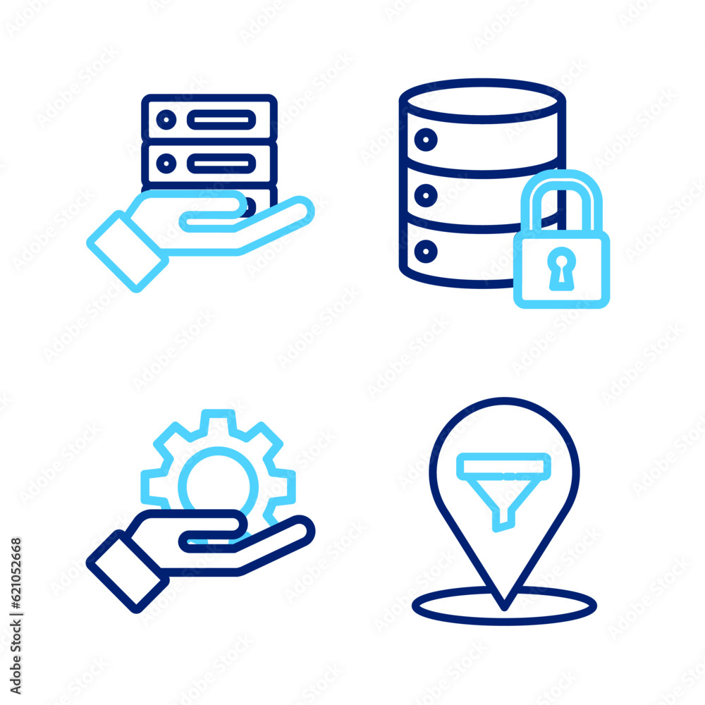 Poster set line location with sales funnel, hand settings gear, server security lock and server, data, web 