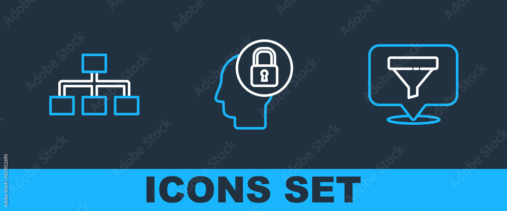 Poster set line location with sales funnel, hierarchy organogram chart and human head lock icon. vector