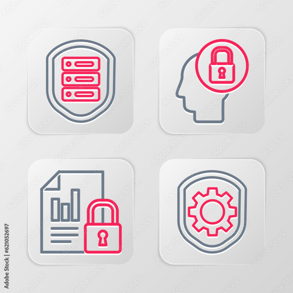 Poster set line shield with settings gear, document and lock, human head and server shield icon. vector