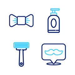 Set line Barbershop, Shaving razor, Cream lotion cosmetic tube and Bow tie icon. Vector