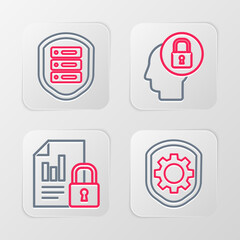 Set line Shield with settings gear, Document and lock, Human head and Server shield icon. Vector