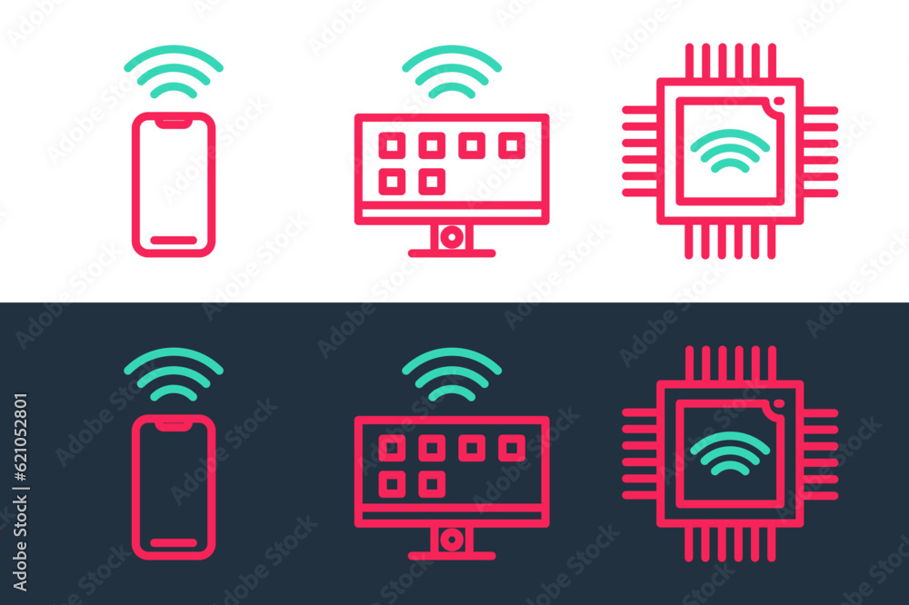 Poster set line processor with microcircuits cpu, wireless smartphone and smart tv system icon. vector