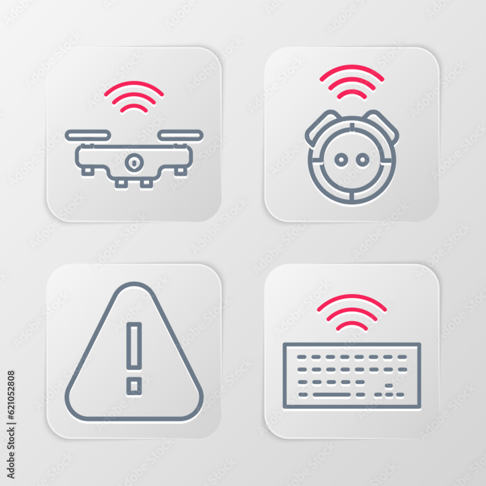 Poster set line wireless keyboard, exclamation mark in triangle, robot vacuum cleaner and smart drone icon.