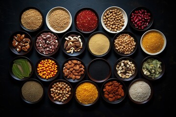 Obraz na płótnie Canvas Legumes, a set consisting of different types of beans, lentils and peas on a black background, top view. 