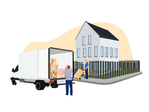 Shipping and delivery company services. Personnel carrying goods to the transport truck.