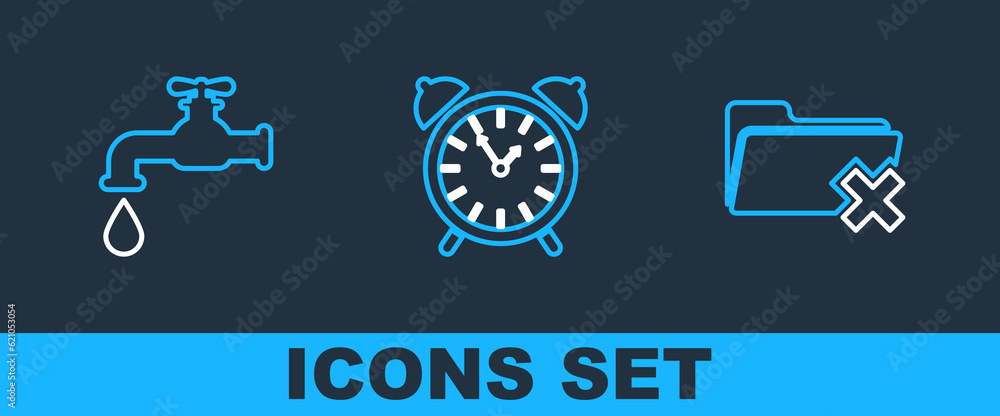 Poster set line delete folder, water tap and alarm clock icon. vector