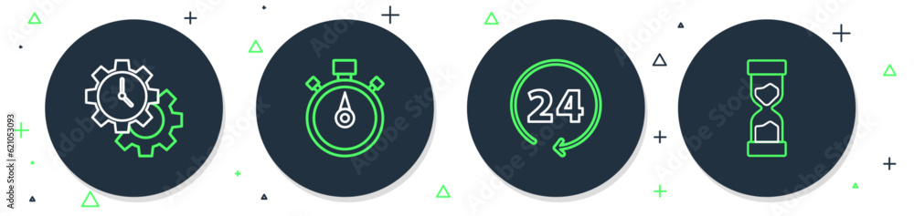 Sticker Set line Stopwatch, Clock 24 hours, Time Management and Old hourglass icon. Vector