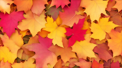 Naklejka na ściany i meble Осінній фон з різнобарвним осіннім листям на землі, вид зверху, генерація ШІ